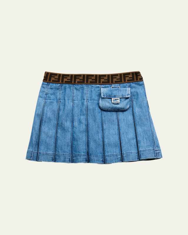 Girl's Pleated Monogram Denim Skirt, Size 3-